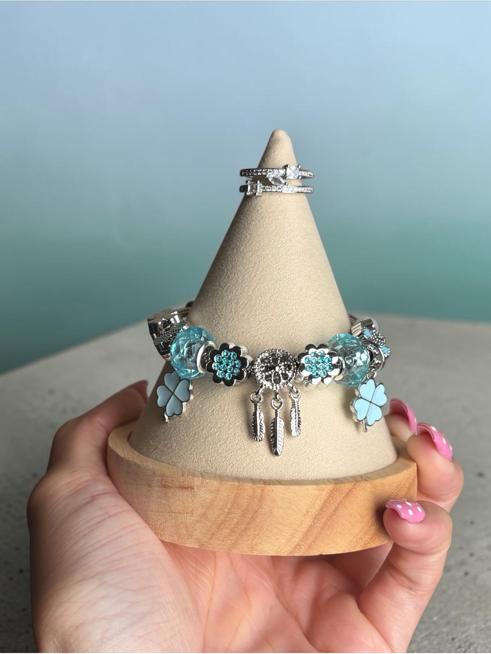 Silver Turquoise Floral Dreamcatcher Charm Bracelet with Ring